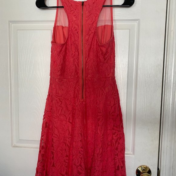 Coral Lace Dress with Mesh Neck Line - Picture 5 of 7